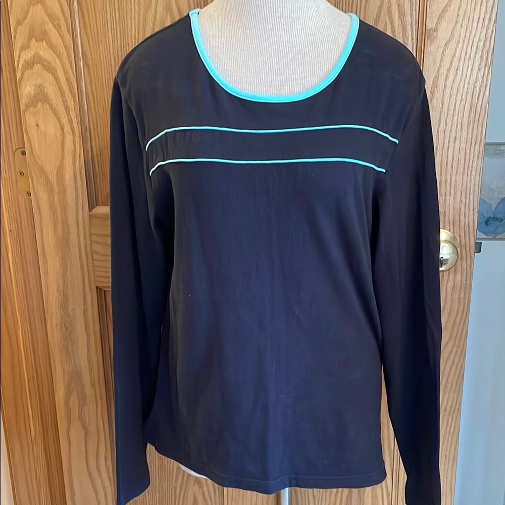 Women's Black and Aqua Blue trim Long Sleeve Top